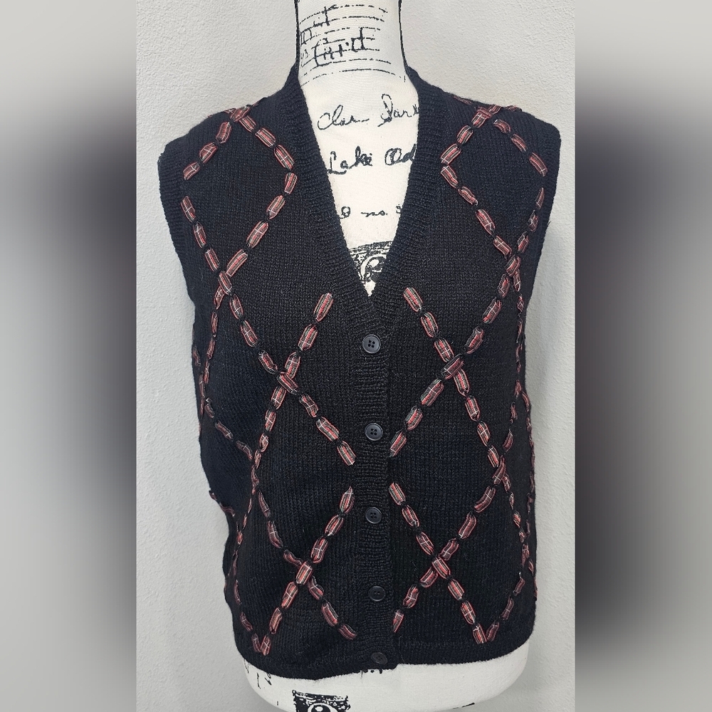 Vintage 90s Pendleton Sweater Vest Womens Petite Small Black Wool Ugly Christmas